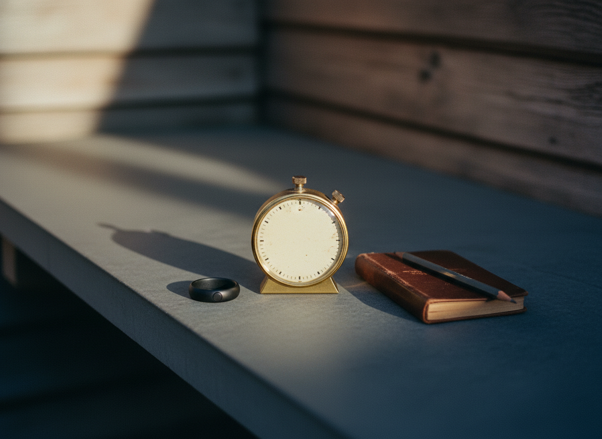 Vintage timer, leather notebook, and a smart ring on a stone bench